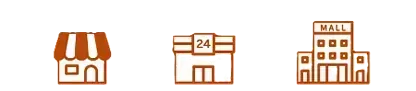 Iconos: Tienda con toldo, tienda abierta 24 horas y centro comercial.