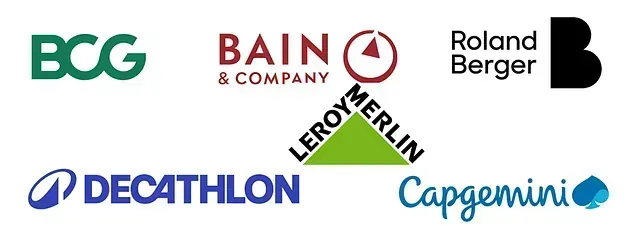 Logotipos de BCG, Bain & Company, Roland Berger, Leroy Merlin, Decathlon y Capgemini.